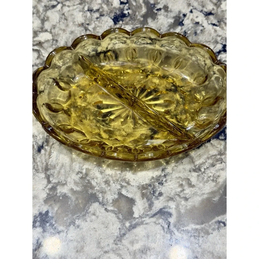 Vintage Clear Oval Amber Glass Divided Dish Candy 7x5